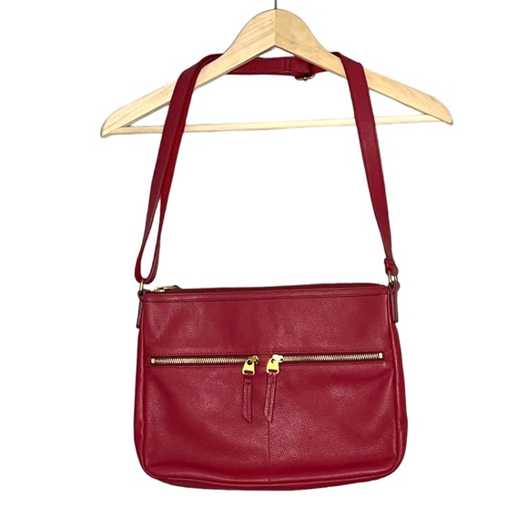 Fossil Elise Large Double Zip Leather Burgundy Crossbody purse